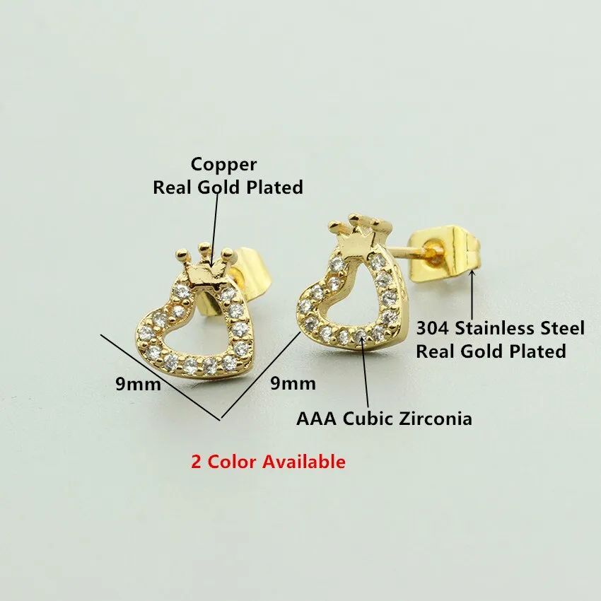 Tiny Small Love Heart Princess Crown Stud Earrings