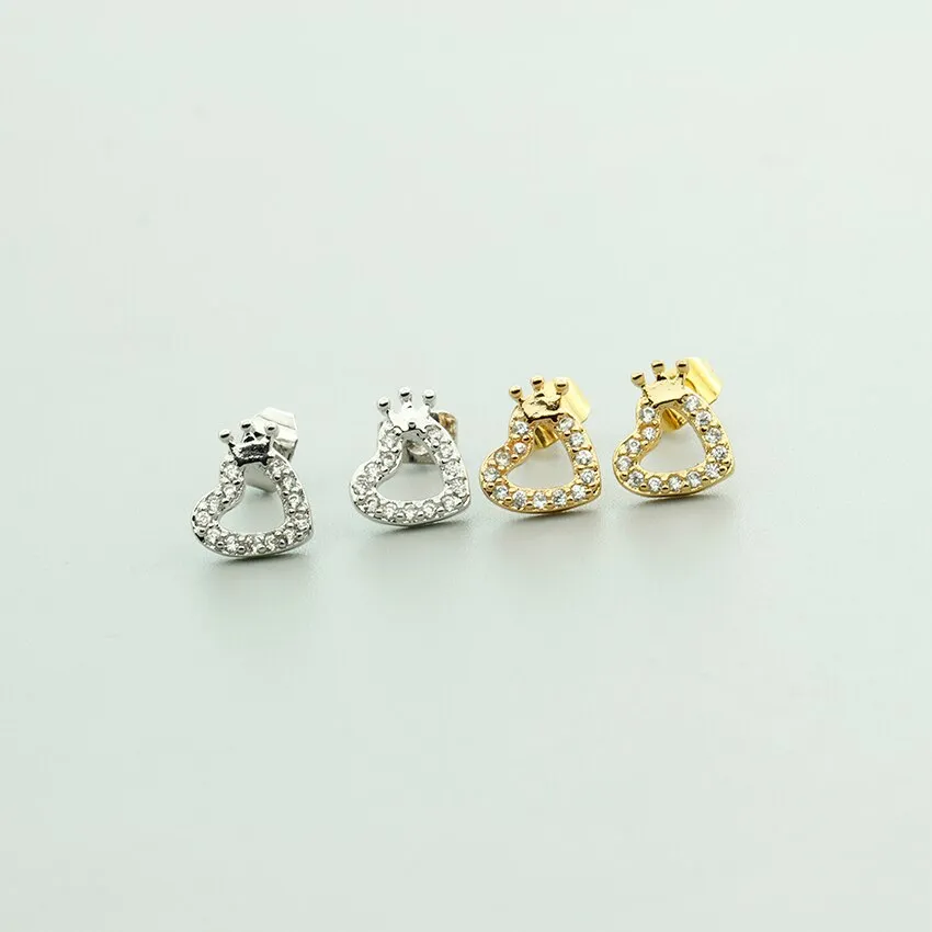 Tiny Small Love Heart Princess Crown Stud Earrings