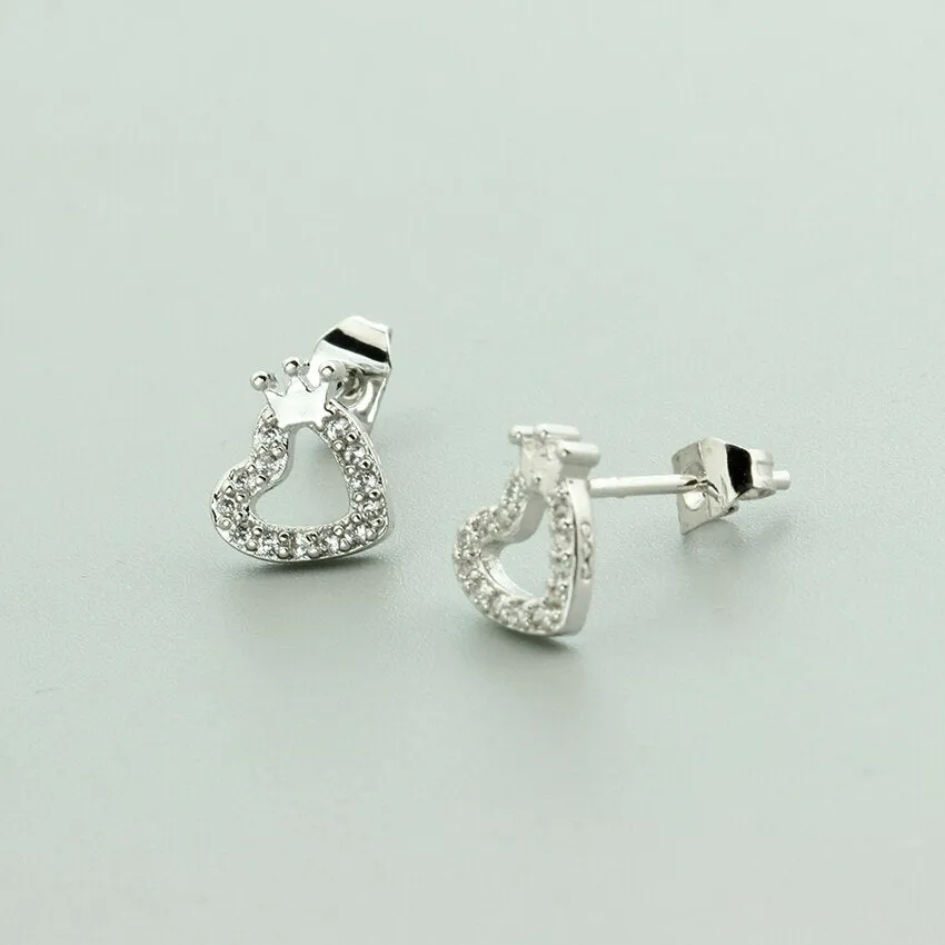 Tiny Small Love Heart Princess Crown Stud Earrings