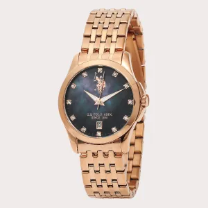 US POLO WOMEN'S STAINLESS STEEL BAND WITH ROSE GOLD PLATING & S.S. BUCKLE