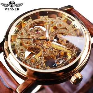 Winner 2021 Retro Casual Series Rectangle Dial Design Golden Leather Strap Mens Watches Top Brand Luxury Mechanical Skeleton Watch