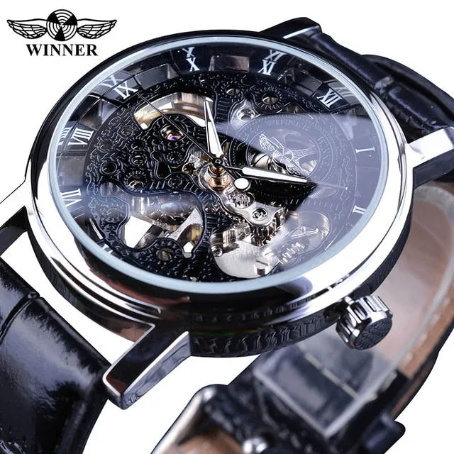 Winner 2021 Retro Casual Series Rectangle Dial Design Golden Leather Strap Mens Watches Top Brand Luxury Mechanical Skeleton Watch