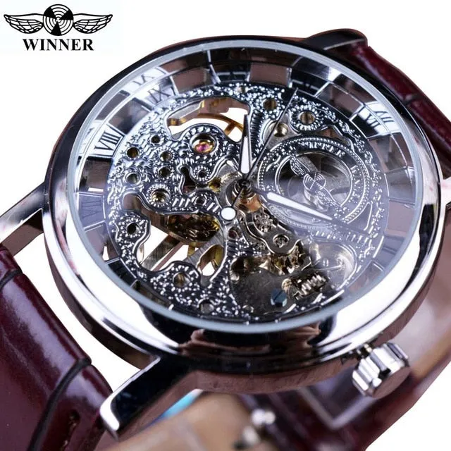 Winner 2021 Retro Casual Series Rectangle Dial Design Golden Leather Strap Mens Watches Top Brand Luxury Mechanical Skeleton Watch