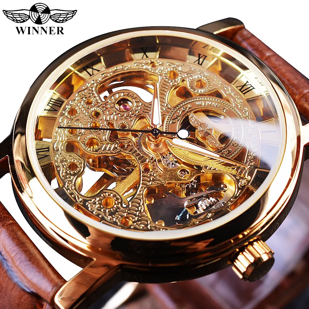 Winner 2021 Retro Casual Series Rectangle Dial Design Golden Leather Strap Mens Watches Top Brand Luxury Mechanical Skeleton Watch
