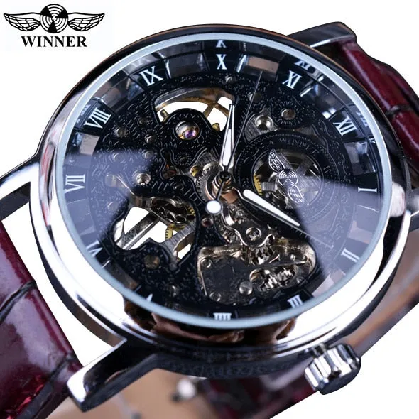 Winner 2021 Retro Casual Series Rectangle Dial Design Golden Leather Strap Mens Watches Top Brand Luxury Mechanical Skeleton Watch