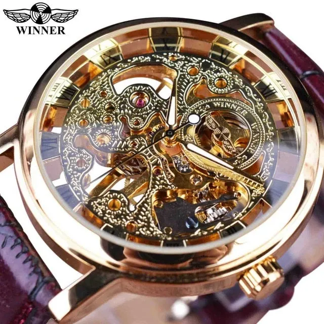 Winner 2021 Retro Casual Series Rectangle Dial Design Golden Leather Strap Mens Watches Top Brand Luxury Mechanical Skeleton Watch