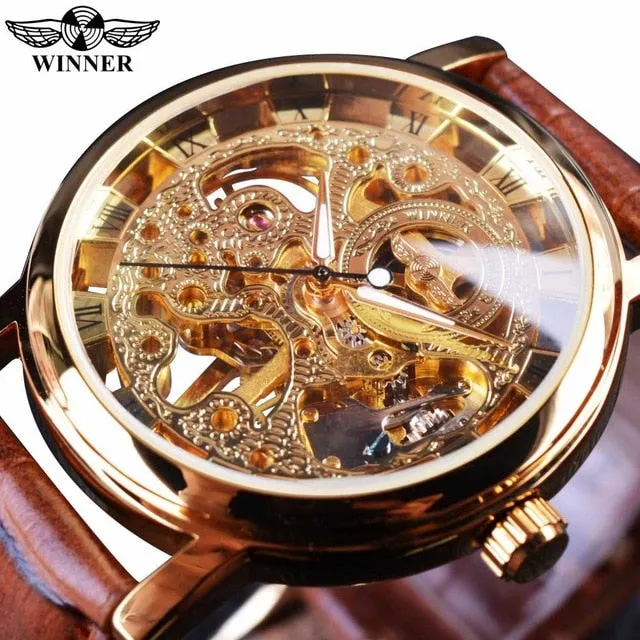 Winner 2021 Retro Casual Series Rectangle Dial Design Golden Leather Strap Mens Watches Top Brand Luxury Mechanical Skeleton Watch