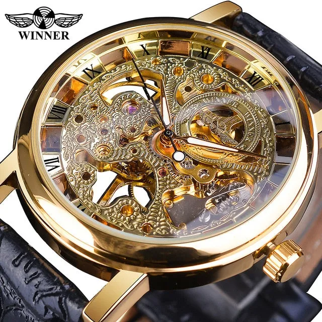 Winner 2021 Retro Casual Series Rectangle Dial Design Golden Leather Strap Mens Watches Top Brand Luxury Mechanical Skeleton Watch