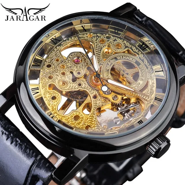 Winner 2021 Retro Casual Series Rectangle Dial Design Golden Leather Strap Mens Watches Top Brand Luxury Mechanical Skeleton Watch